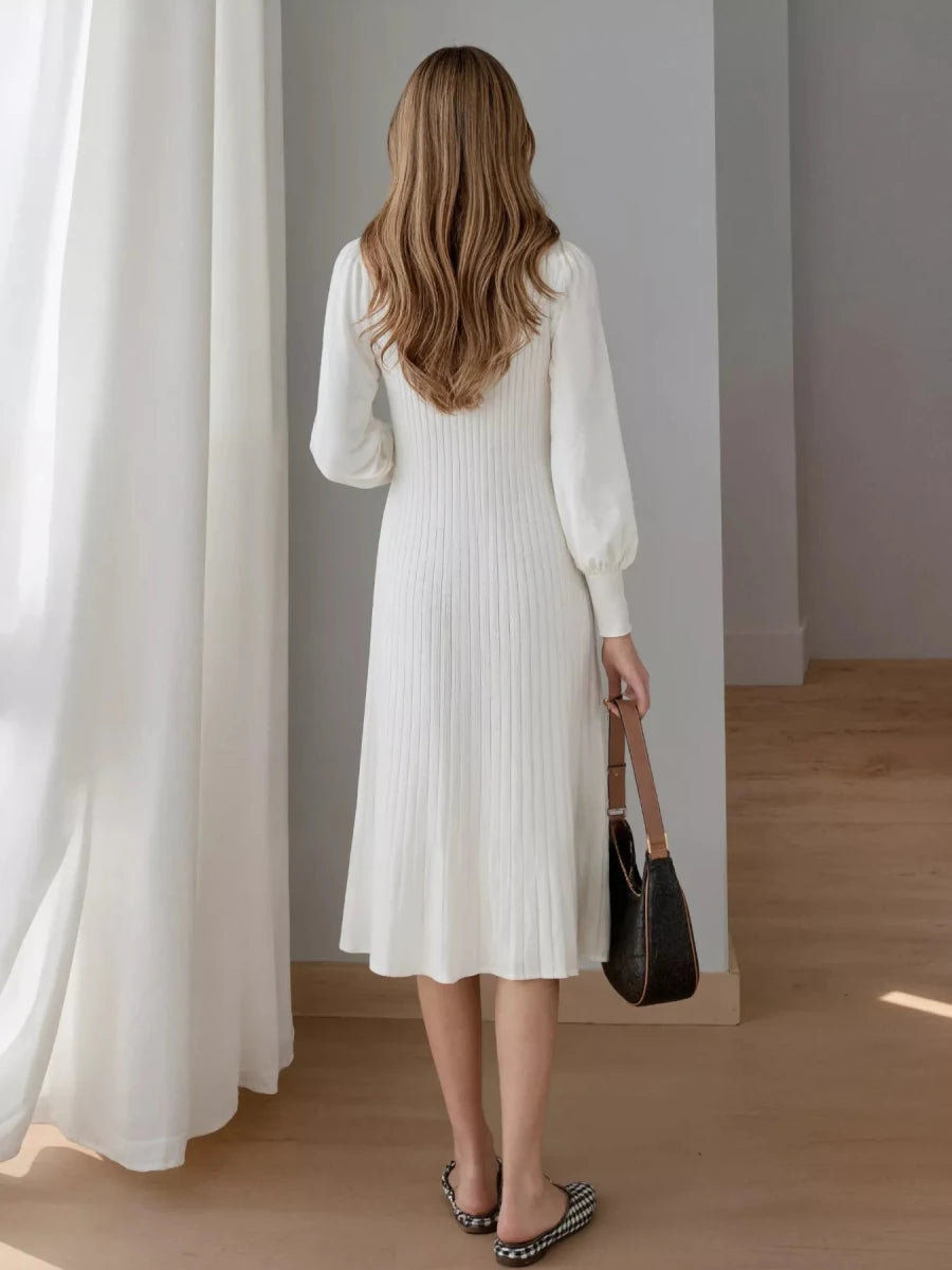 Ribbed Knit Mock Neck Midi Dress - 