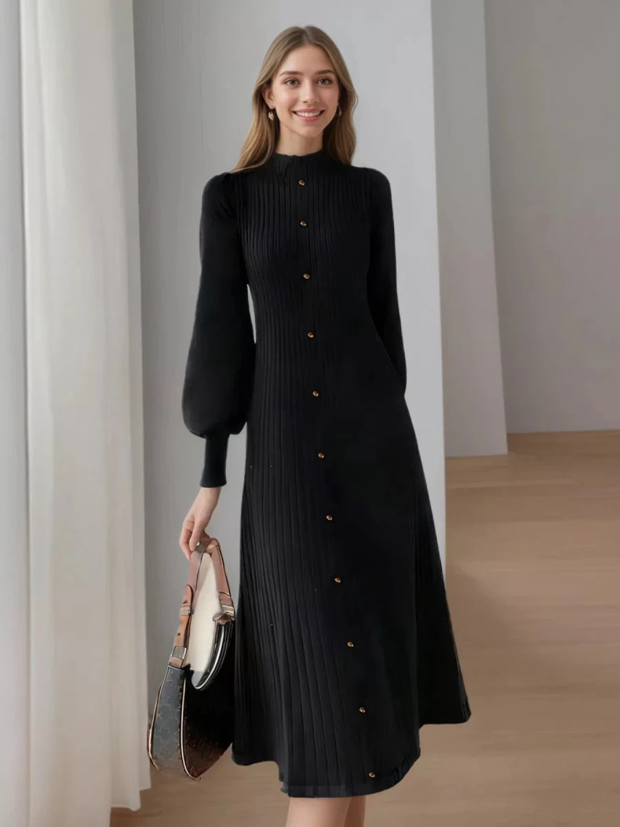 Ribbed Knit Mock Neck Midi Dress - 