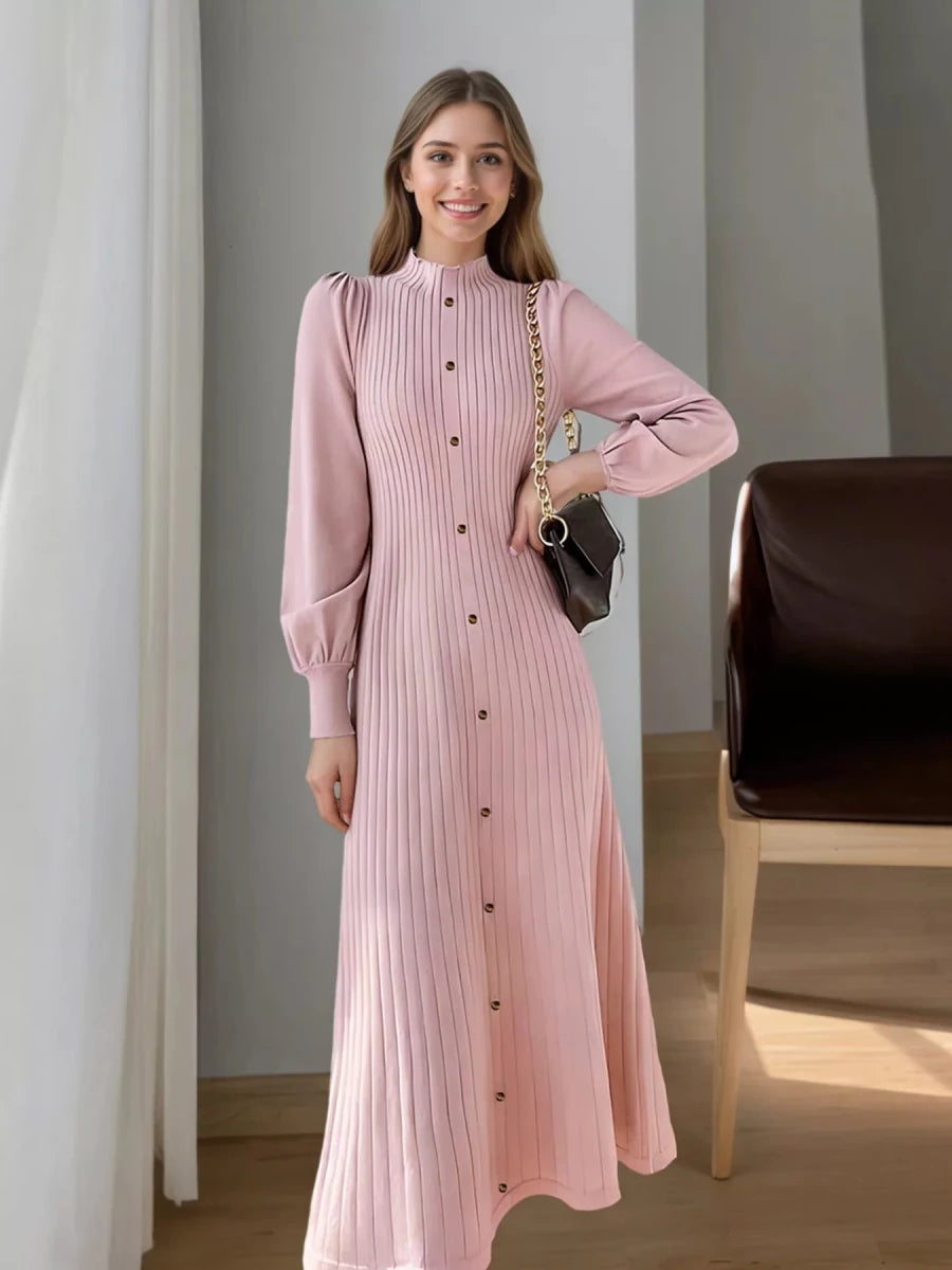 Ribbed Knit Mock Neck Midi Dress - 