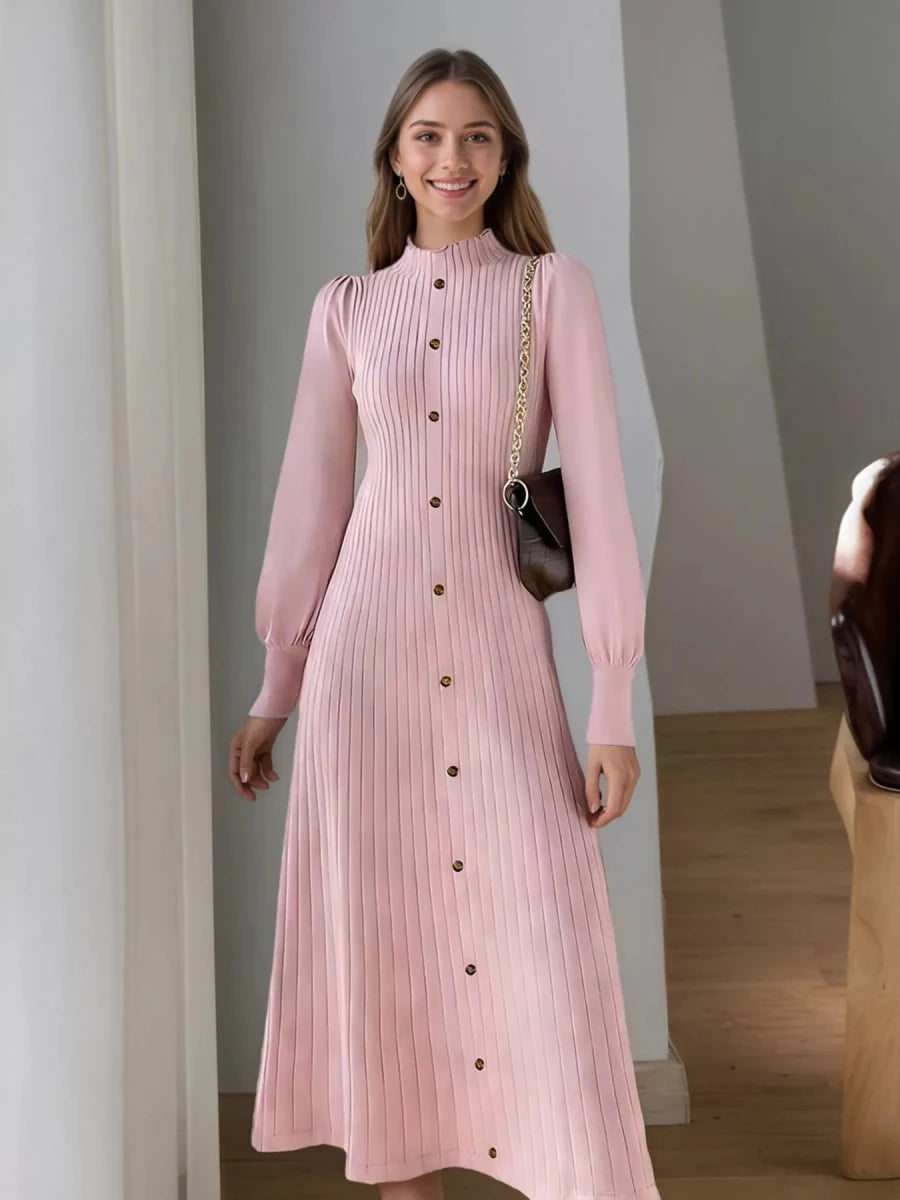 Ribbed Knit Mock Neck Midi Dress - 