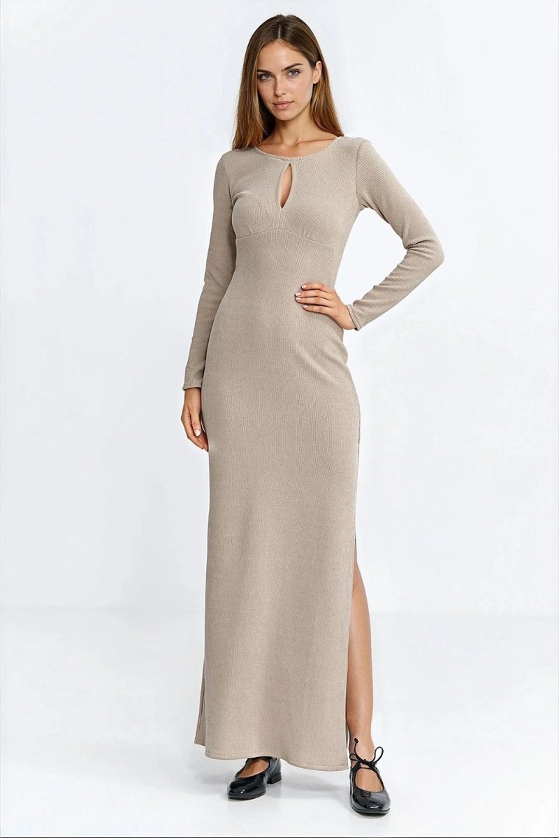 Ribbed Maxi Dress with Slit - 