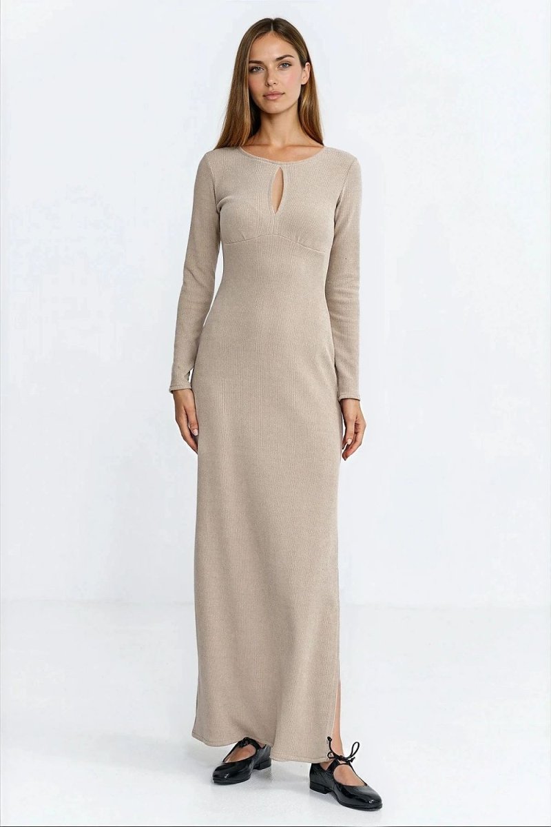 Ribbed Maxi Dress with Slit - 