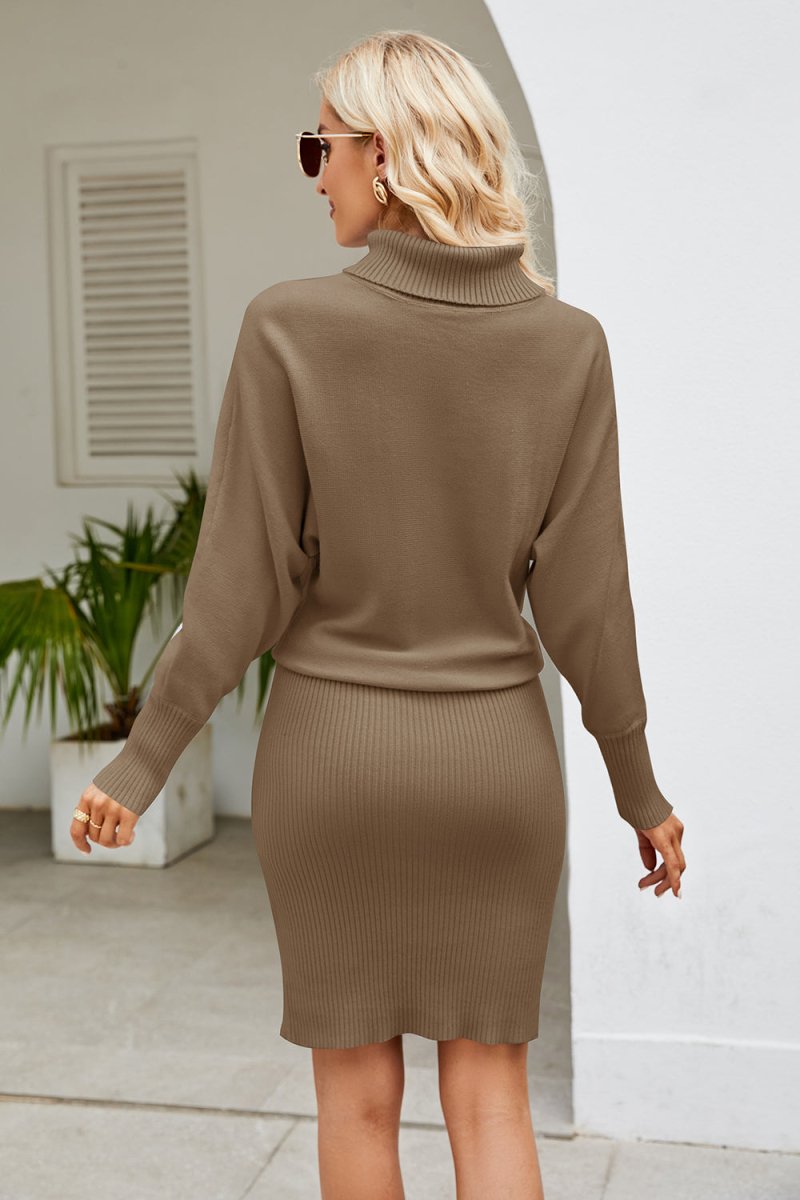 Ribbed Mock Neck Long Sleeve Dress - Sweater Dress
