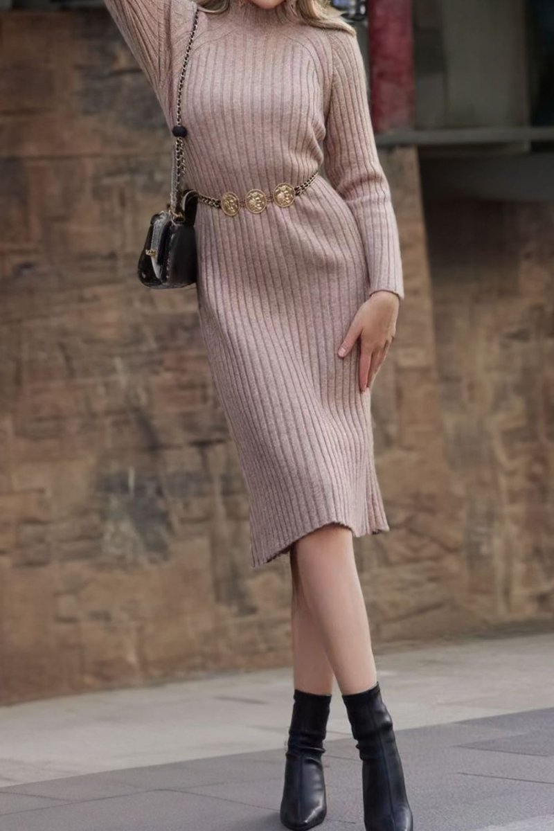 Ribbed Mock Neck Sweater Dress - Sweater Dress