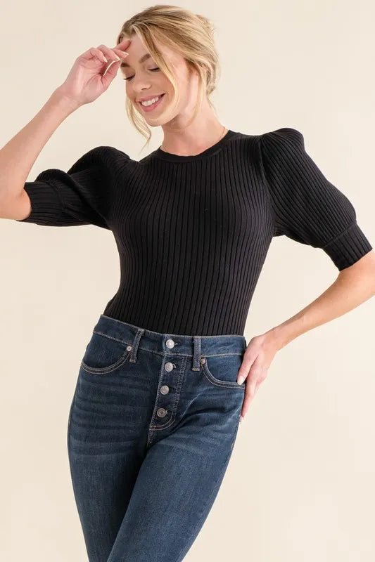 Ribbed Puffed Sleeve Bodysuit - 