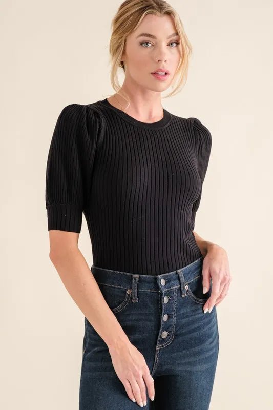 Ribbed Puffed Sleeve Bodysuit - 