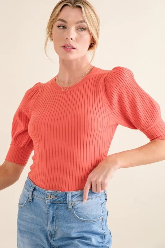 Ribbed Puffed Sleeve Bodysuit - 