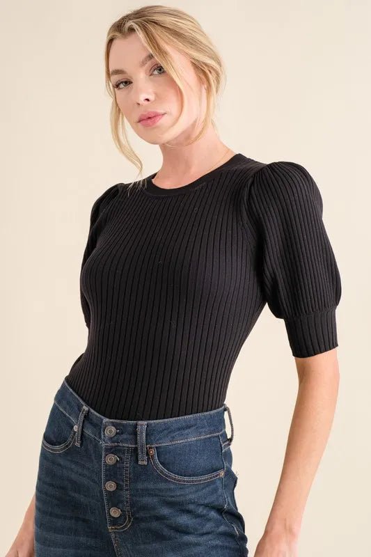 Ribbed Puffed Sleeve Bodysuit - 