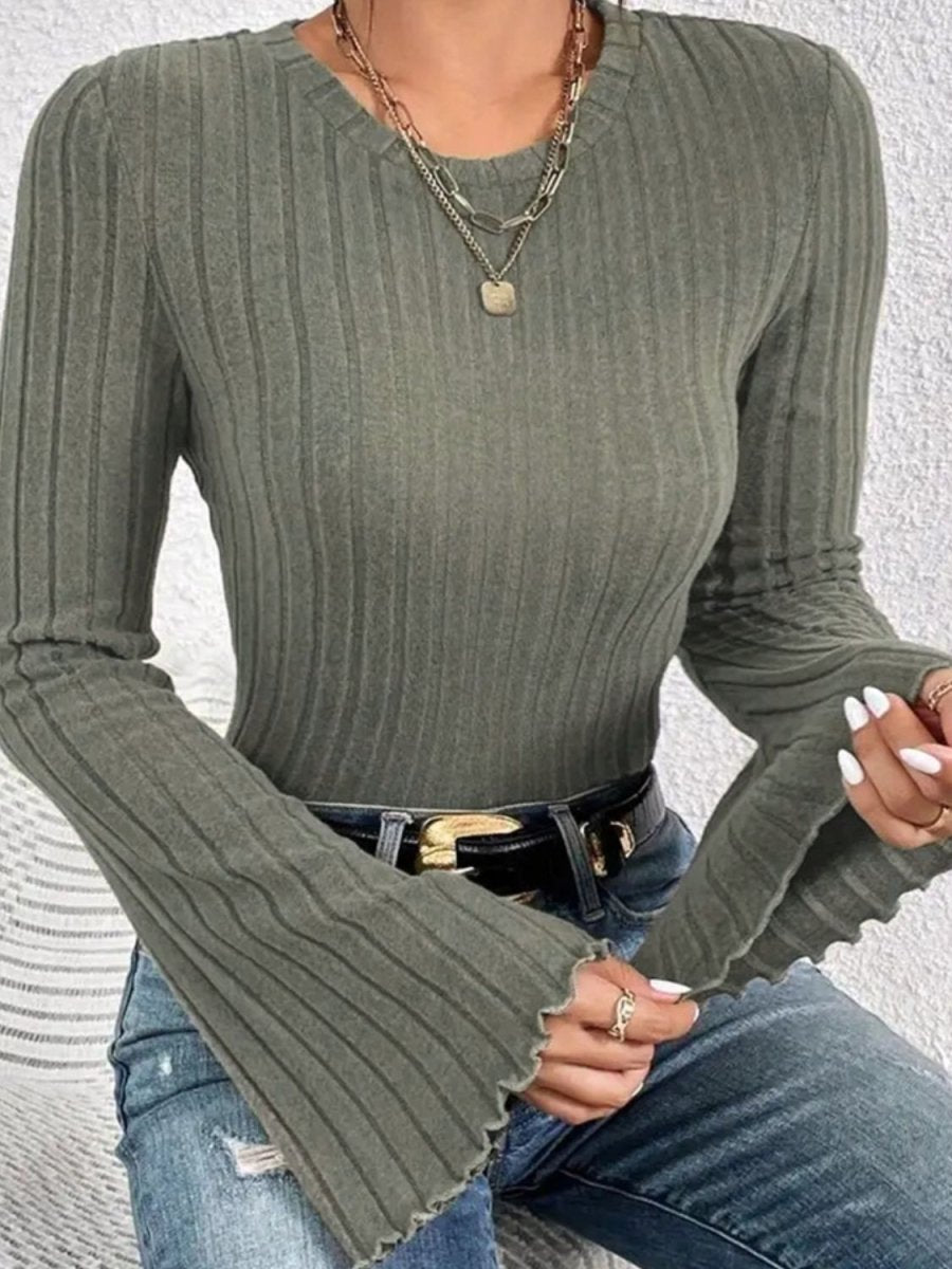 Ribbed Round Neck Flare Sleeve T-Shirt - Top