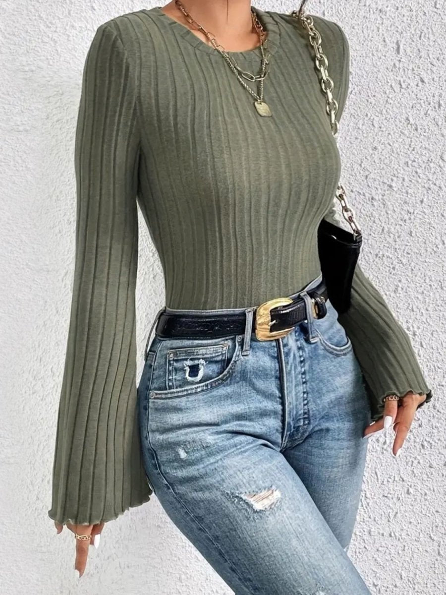 Ribbed Round Neck Flare Sleeve T-Shirt - Top