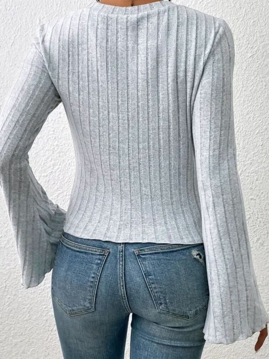 Ribbed Round Neck Flare Sleeve T-Shirt - Top