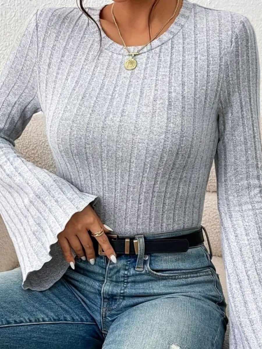Ribbed Round Neck Flare Sleeve T-Shirt - Top