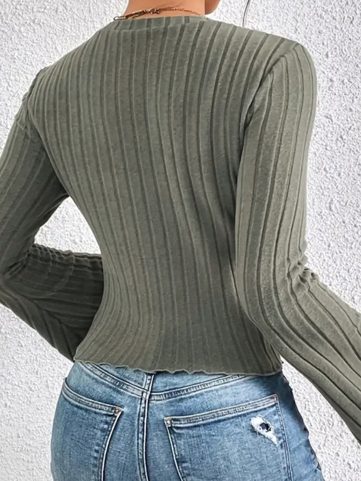 Ribbed Round Neck Flare Sleeve T-Shirt - Top