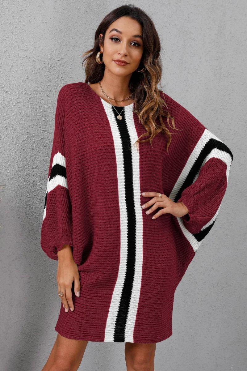 Ribbed Round Neck Long Sleeve Sweater Dress - Sweater Dress