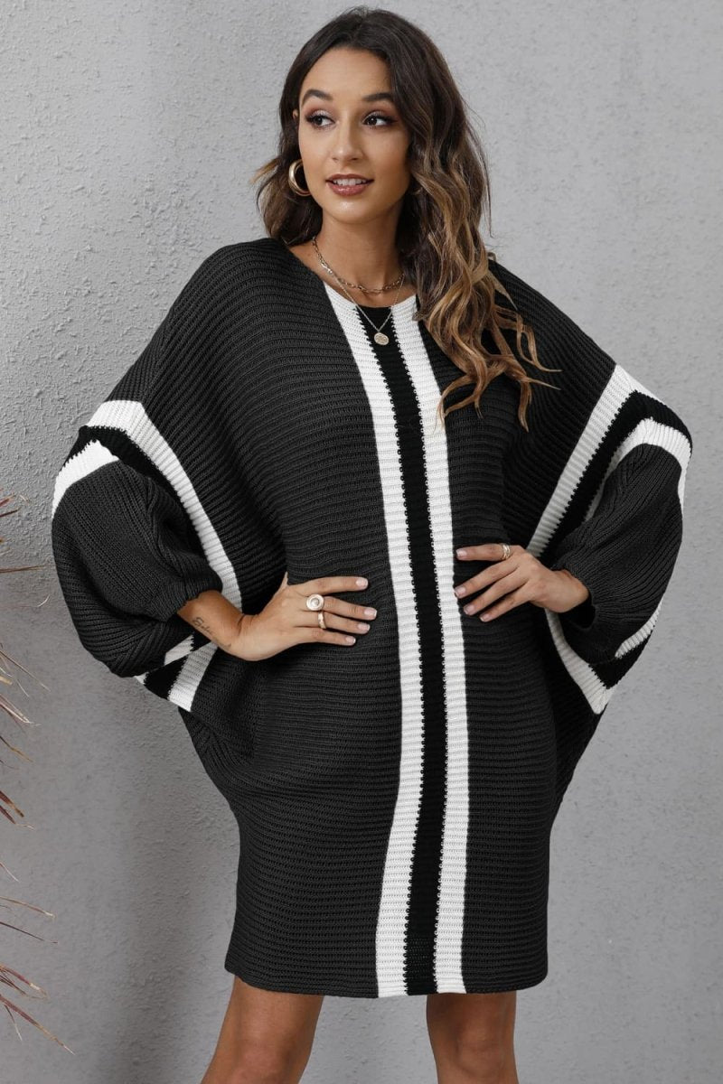 Ribbed Round Neck Long Sleeve Sweater Dress - Sweater Dress