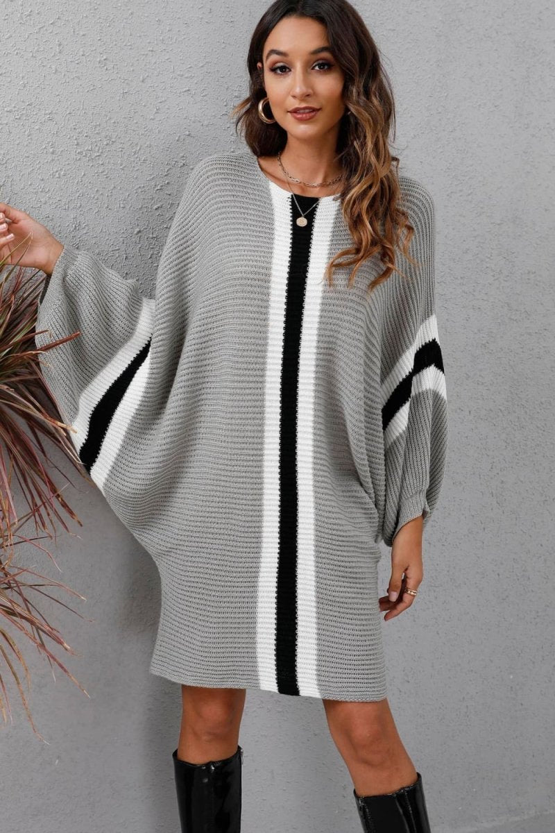 Ribbed Round Neck Long Sleeve Sweater Dress - Sweater Dress