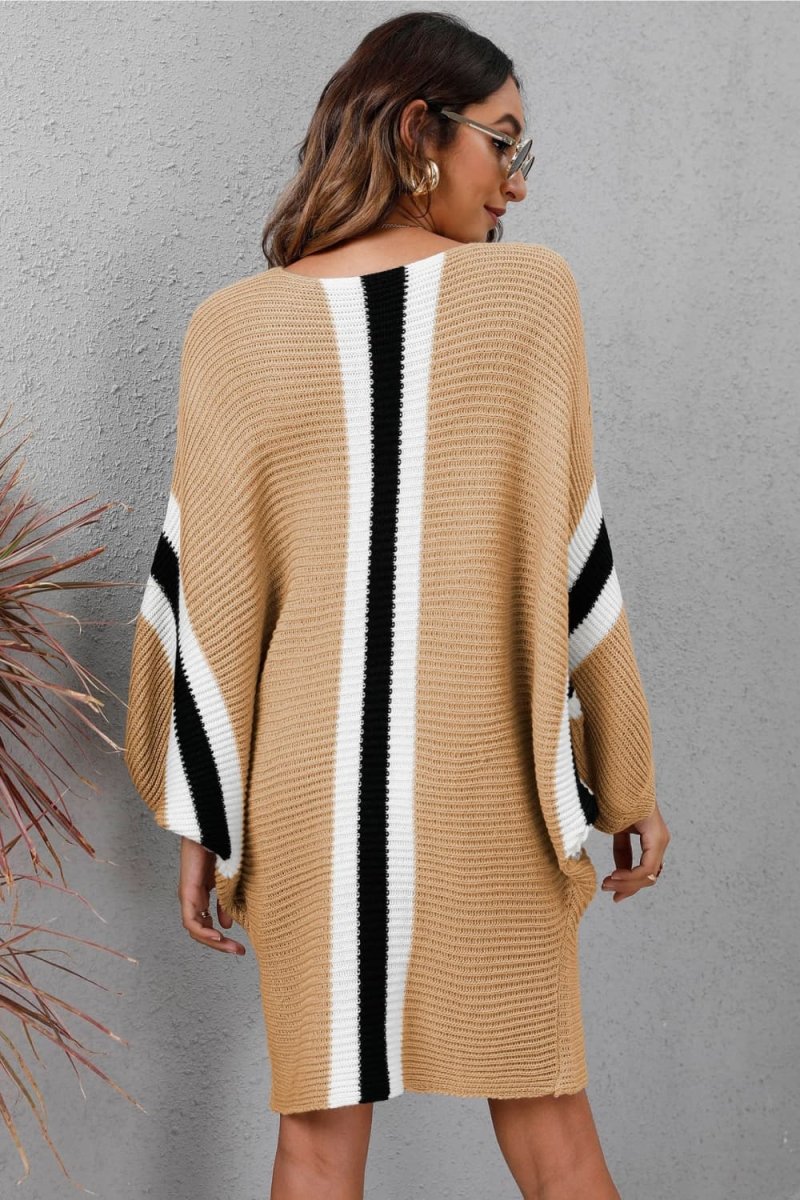 Ribbed Round Neck Long Sleeve Sweater Dress - Sweater Dress