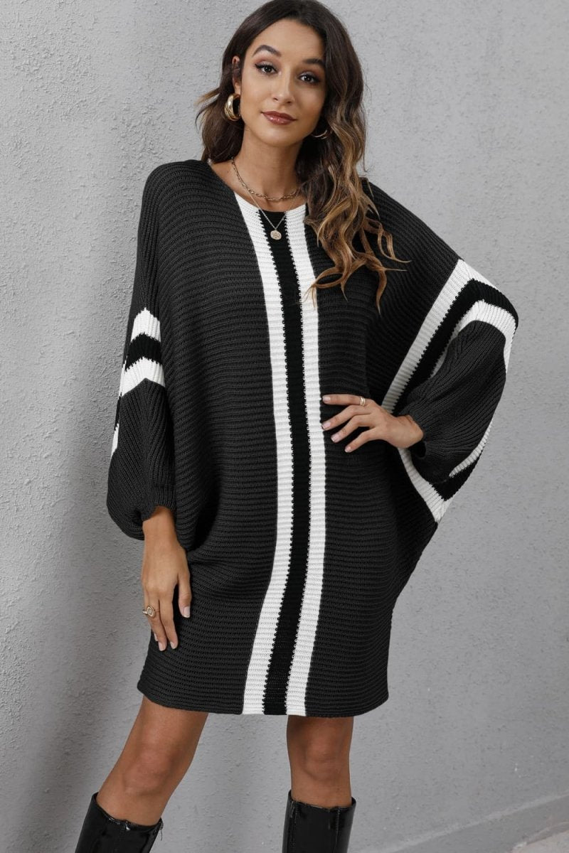 Ribbed Round Neck Long Sleeve Sweater Dress - Sweater Dress