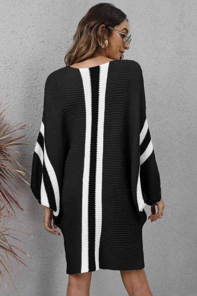 Ribbed Round Neck Long Sleeve Sweater Dress - Sweater Dress