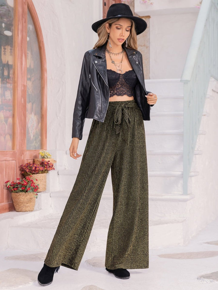 Ribbed Tied Wide Leg Pants - Bottoms