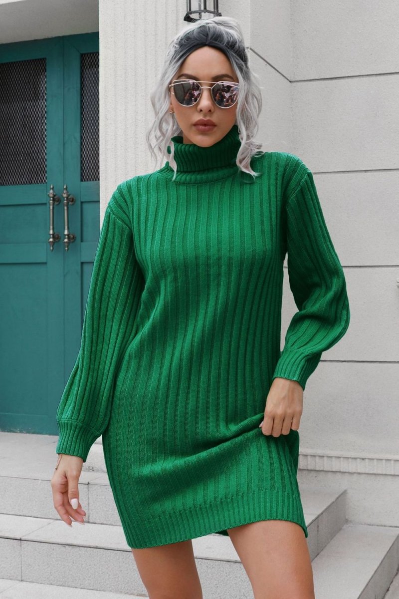 Ribbed Turtle Neck Long Sleeve Mini Sweater Dress - Sweater Dress
