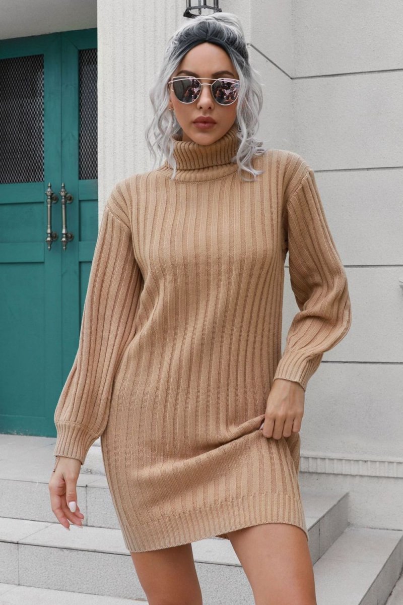 Ribbed Turtle Neck Long Sleeve Mini Sweater Dress - Sweater Dress