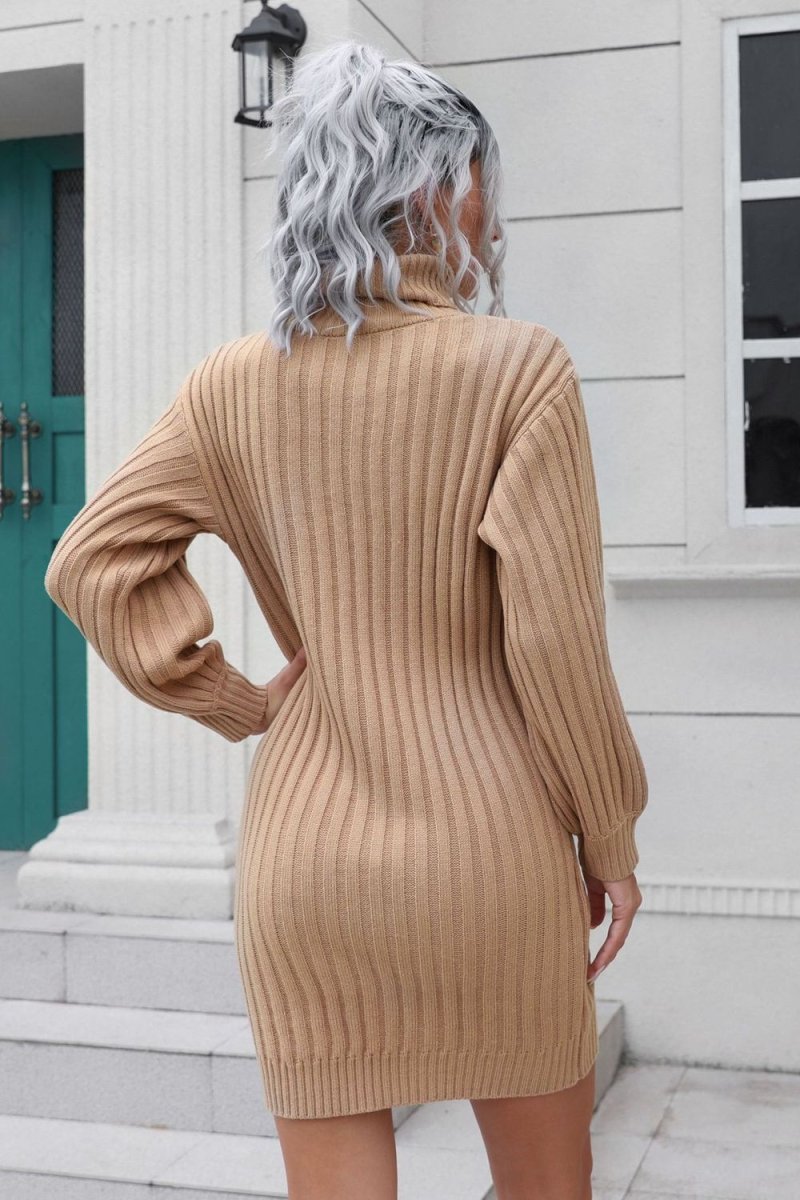 Ribbed Turtle Neck Long Sleeve Mini Sweater Dress - Sweater Dress