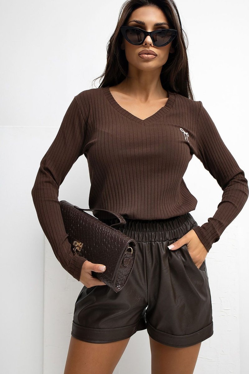 Ribbed V - Neck Blouse with Embroidery - 