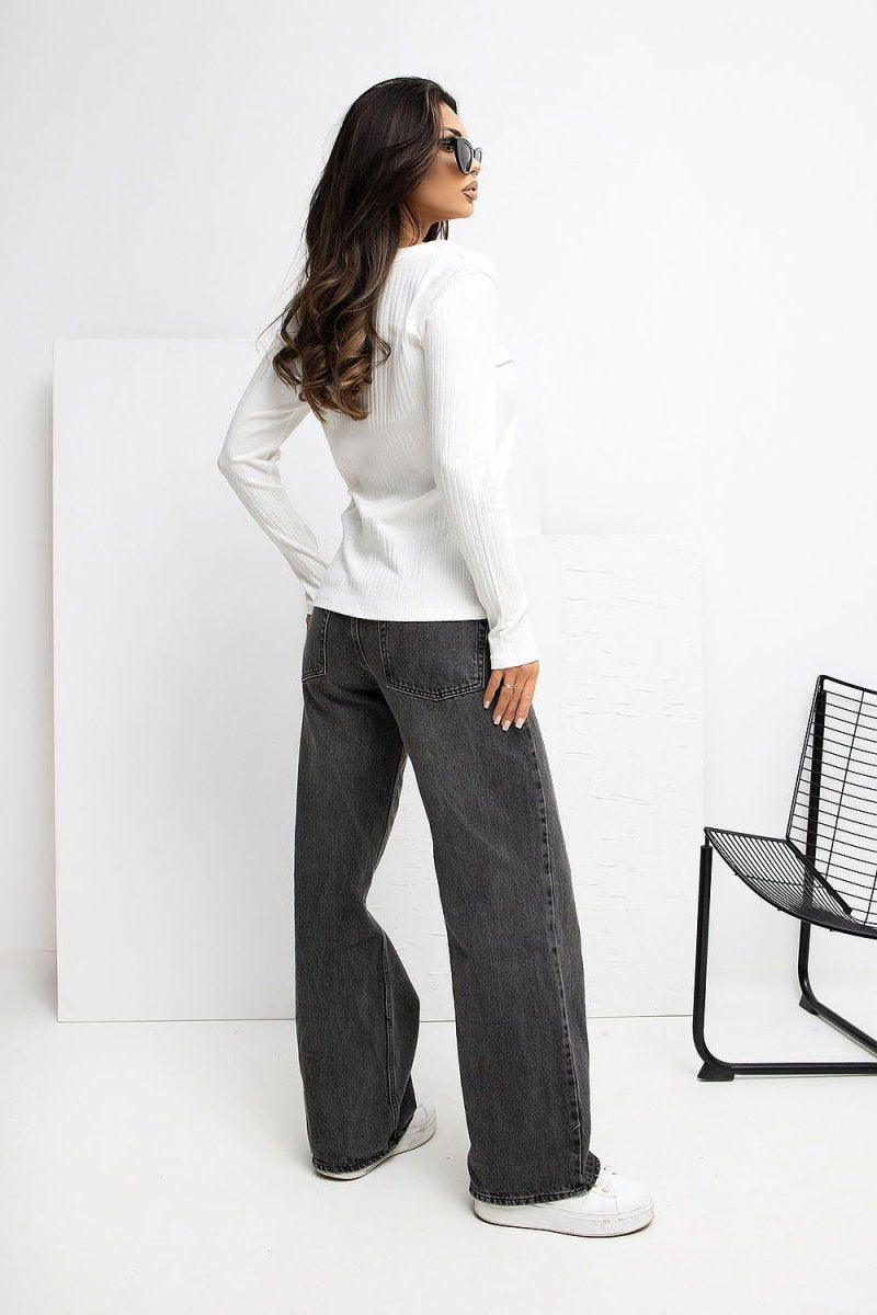 Ribbed V - Neck Blouse with Embroidery - 