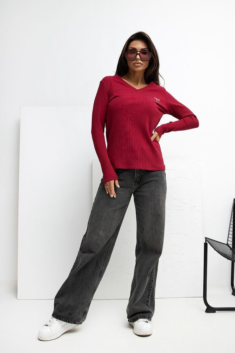 Ribbed V - Neck Blouse with Embroidery - 