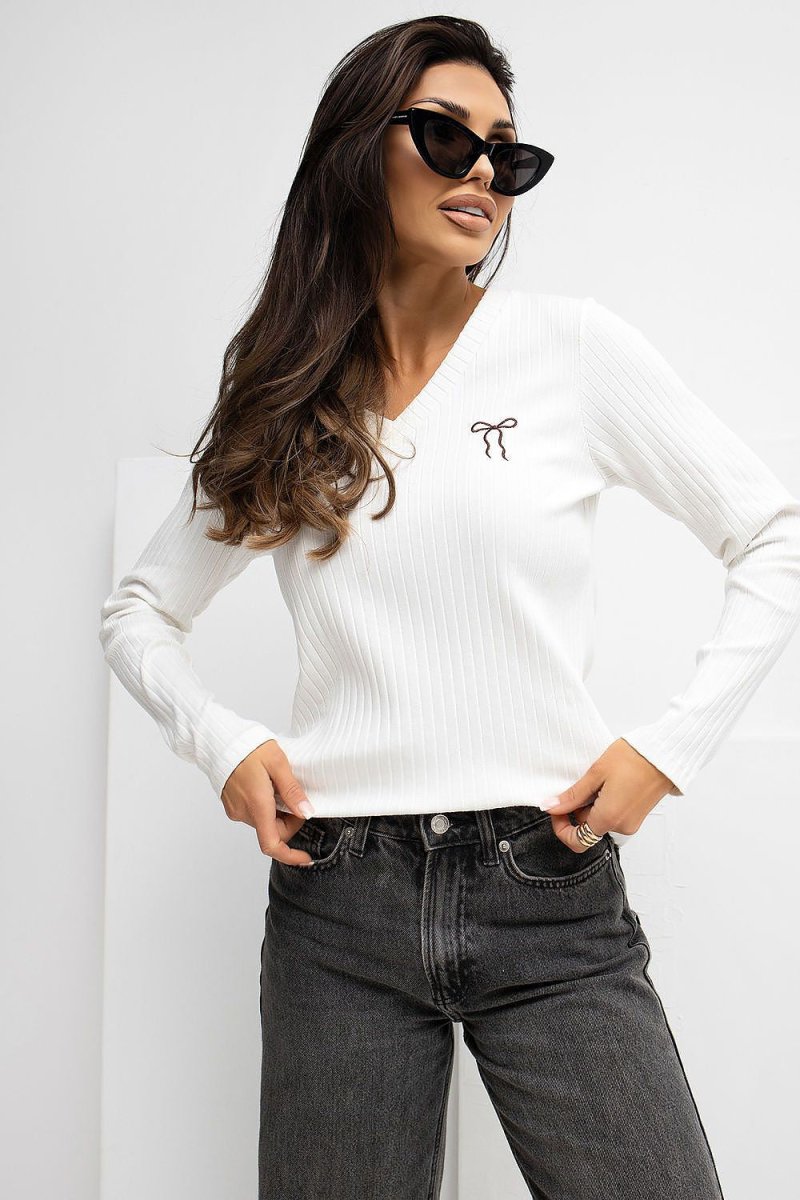 Ribbed V - Neck Blouse with Embroidery - 
