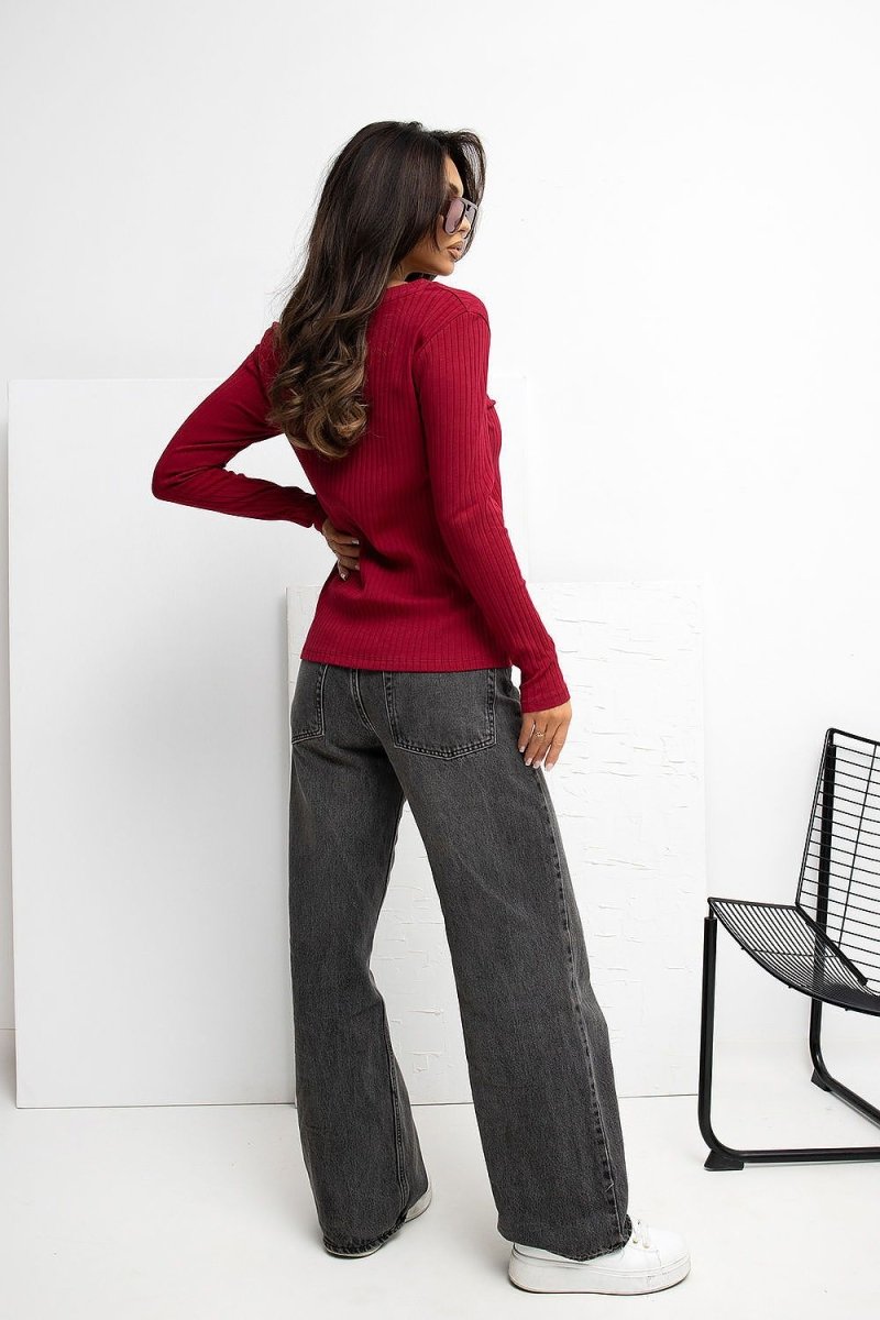 Ribbed V - Neck Blouse with Embroidery - 