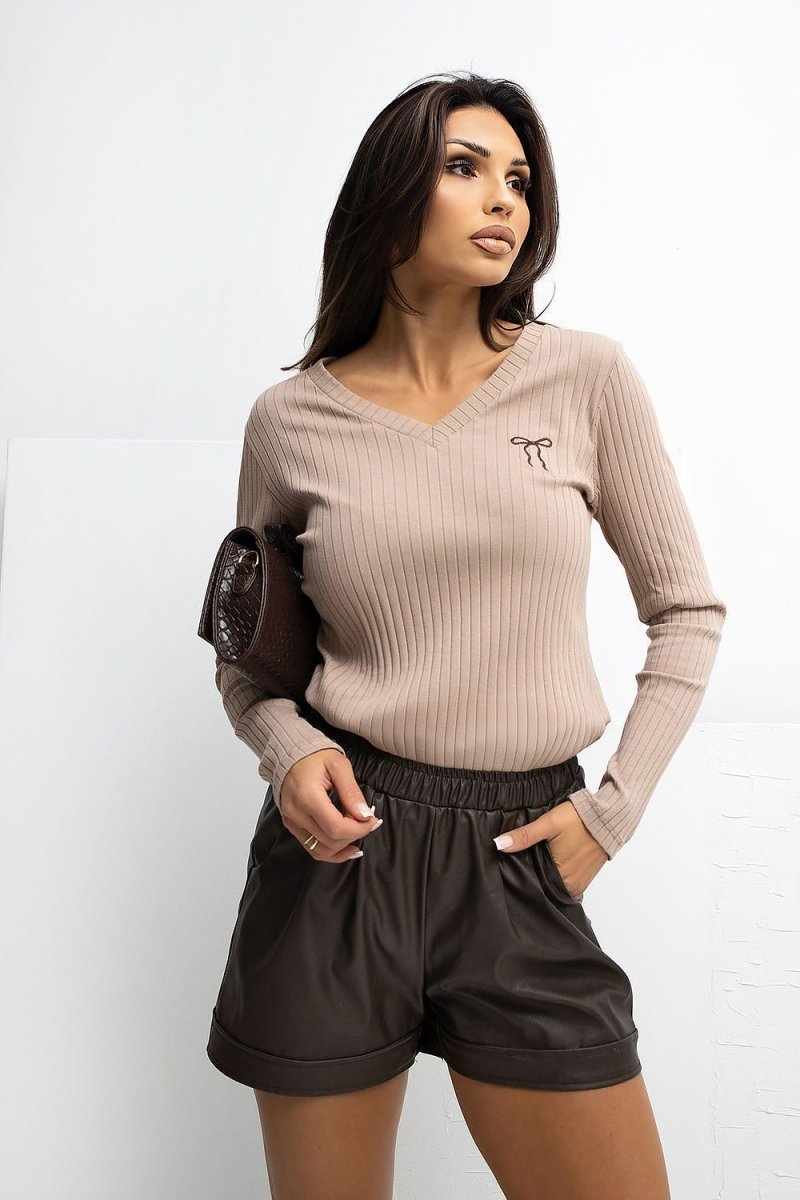 Ribbed V - Neck Blouse with Embroidery - 