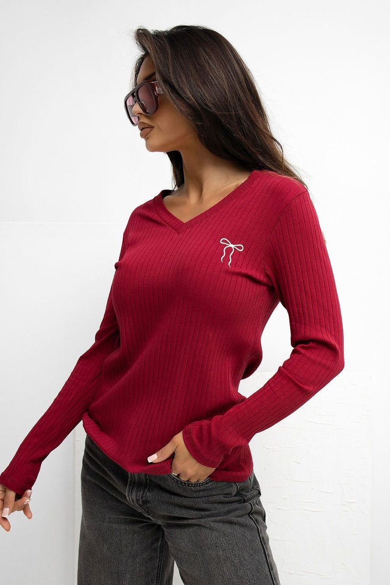 Ribbed V - Neck Blouse with Embroidery - 