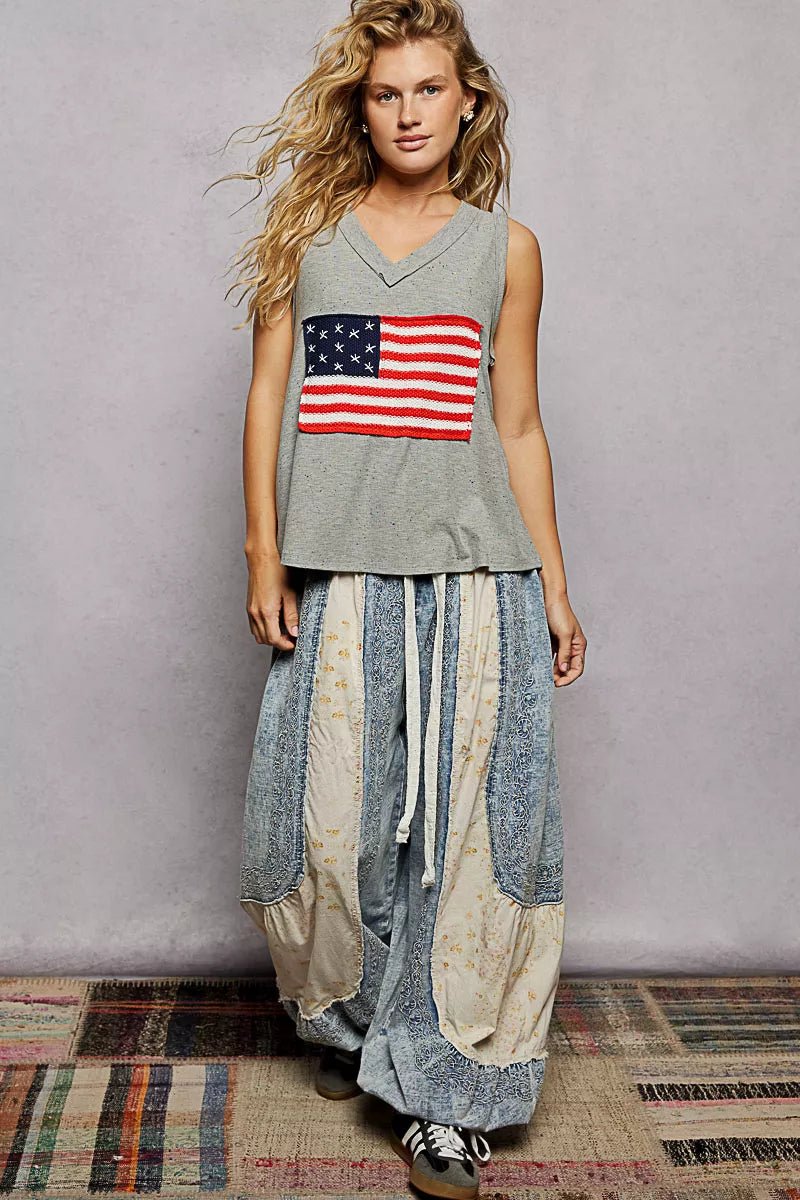 Ribbed V - Neck Tank with Flag Patch - 