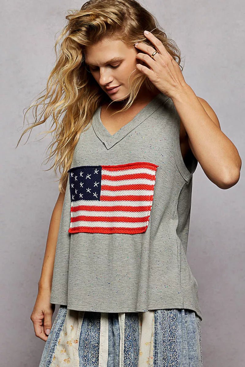 Ribbed V - Neck Tank with Flag Patch - 