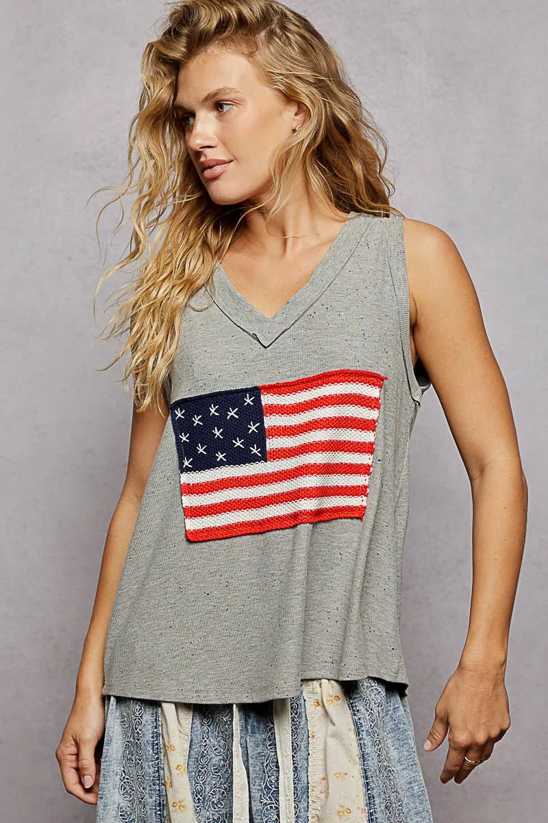 Ribbed V - Neck Tank with Flag Patch - 