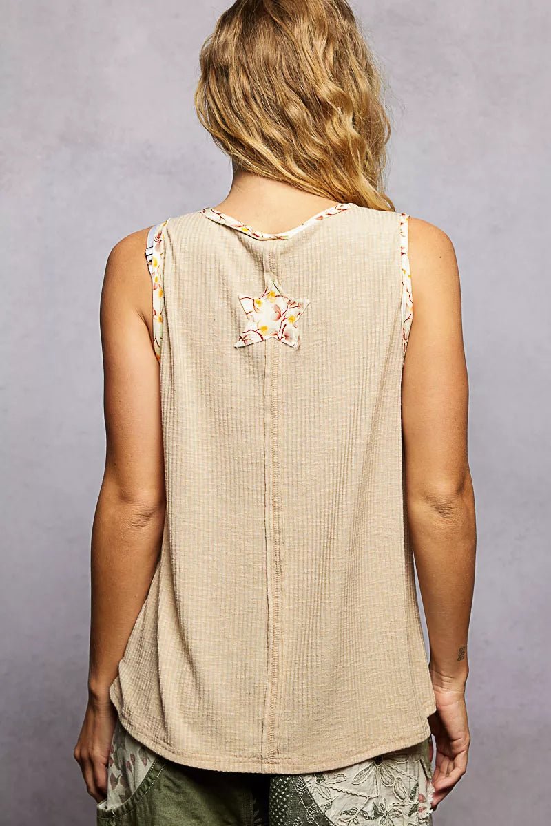 Ribbed V - Neck Tank with Floral Star Patch - 
