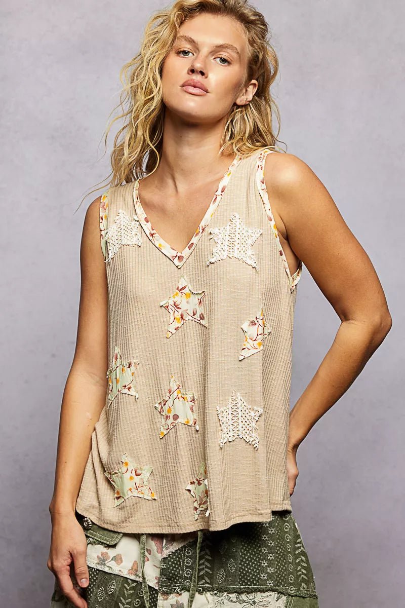 Ribbed V - Neck Tank with Floral Star Patch - 