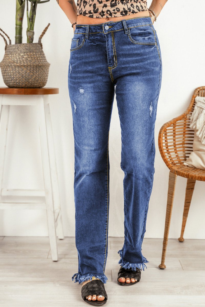 Ripped Frayed Hem Jeans - Bottoms