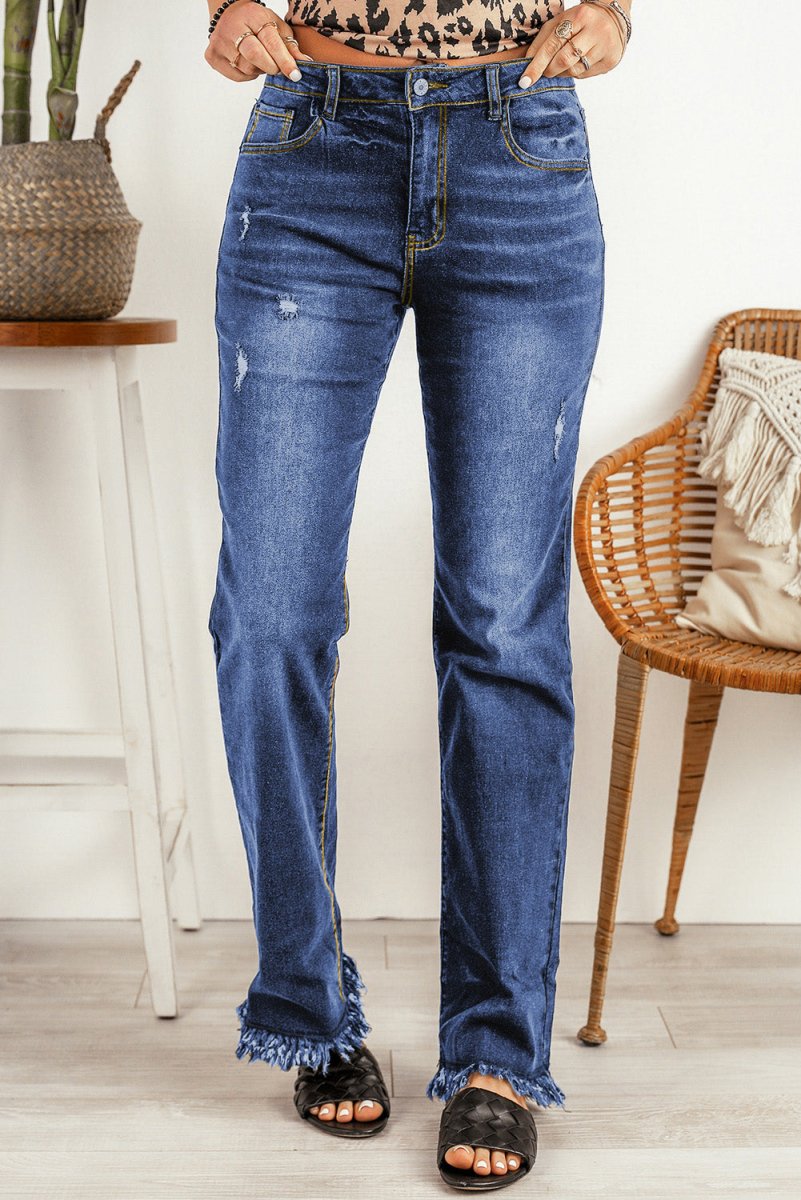 Ripped Frayed Hem Jeans - Bottoms