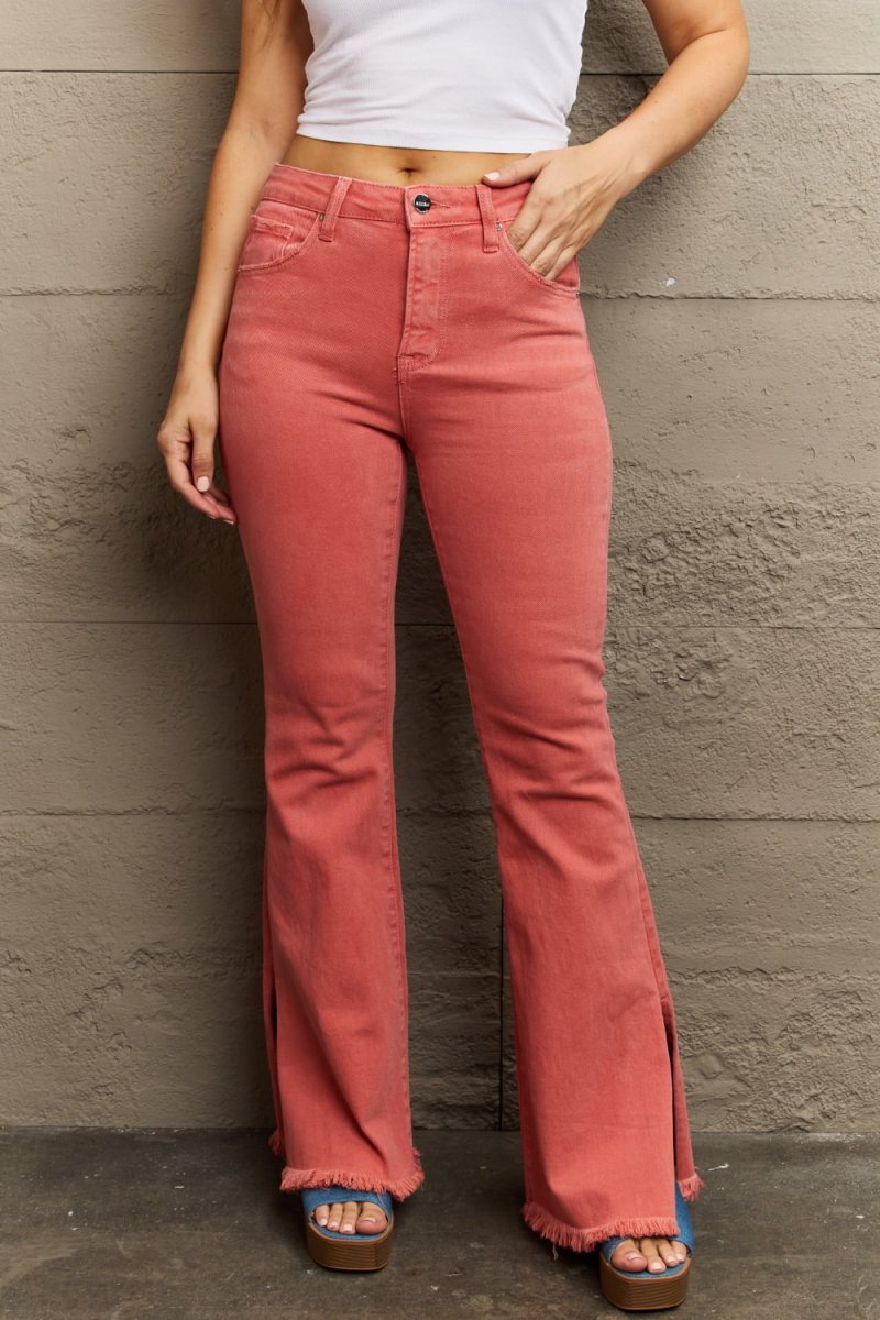 RISEN Bailey Full Size High Waist Side Slit Flare Jeans - Bottoms