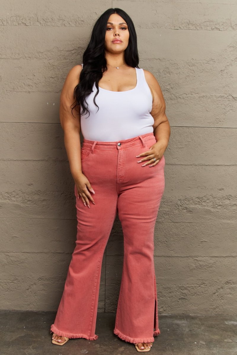 RISEN Bailey Full Size High Waist Side Slit Flare Jeans - Bottoms