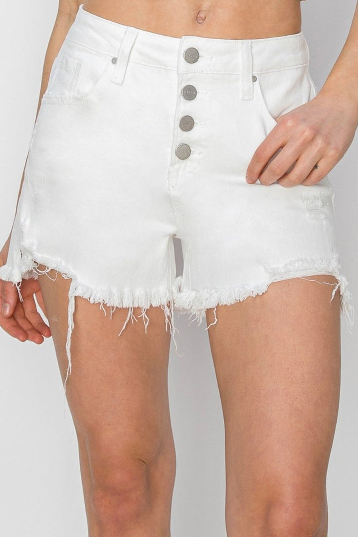 RISEN Button Fly Frayed Hem Denim Shorts - Bottoms