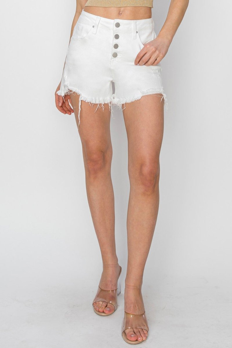 RISEN Button Fly Frayed Hem Denim Shorts - Bottoms
