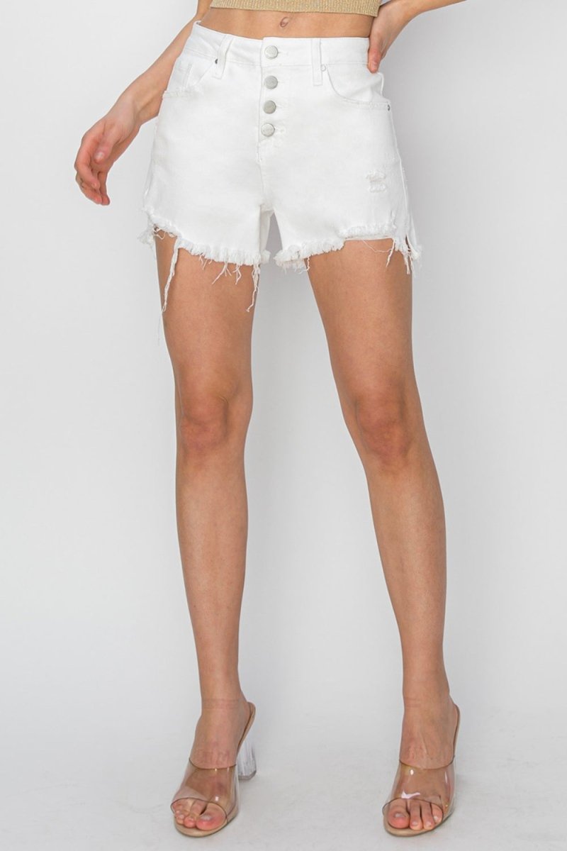 RISEN Button Fly Frayed Hem Denim Shorts - Bottoms
