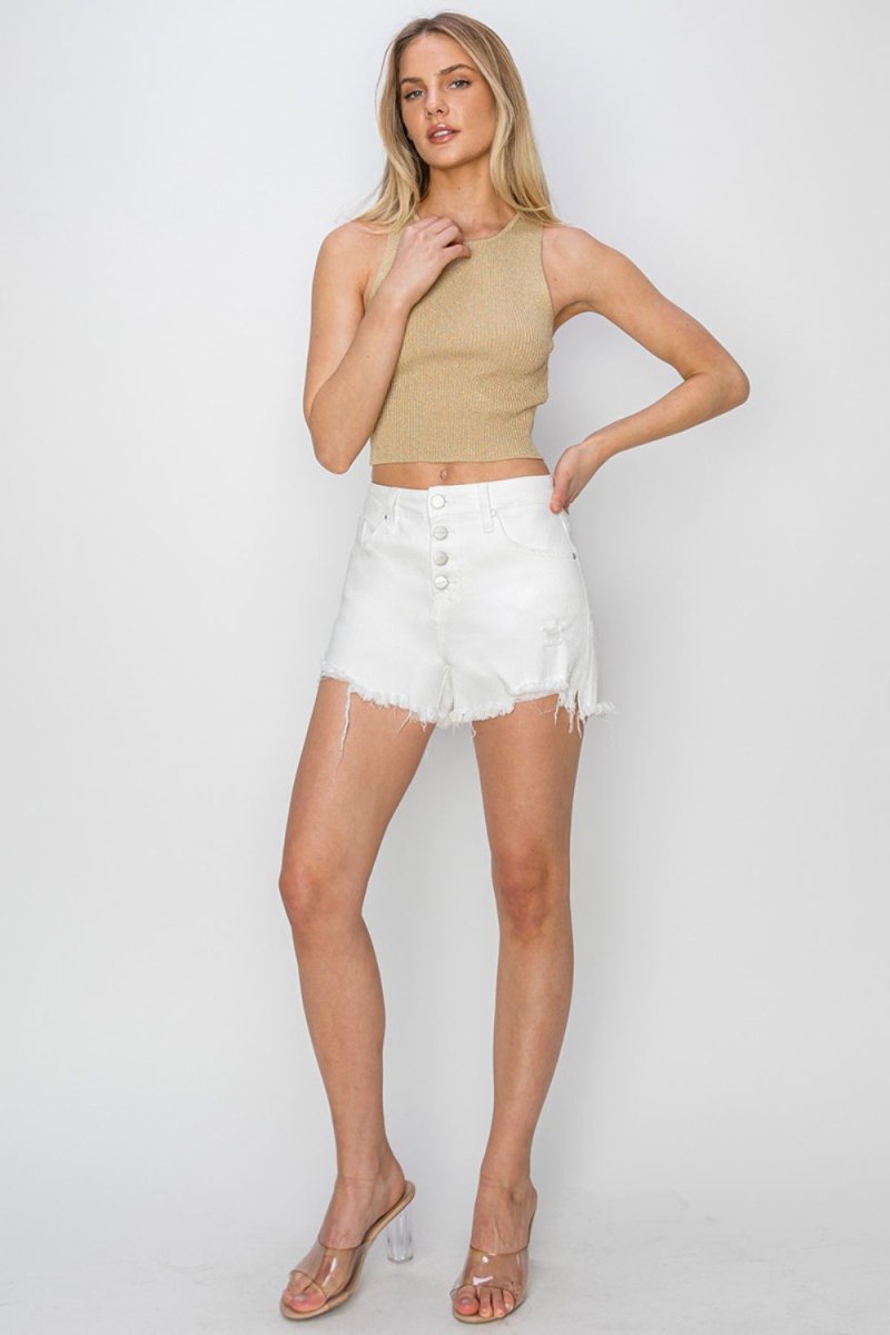 RISEN Button Fly Frayed Hem Denim Shorts - Bottoms