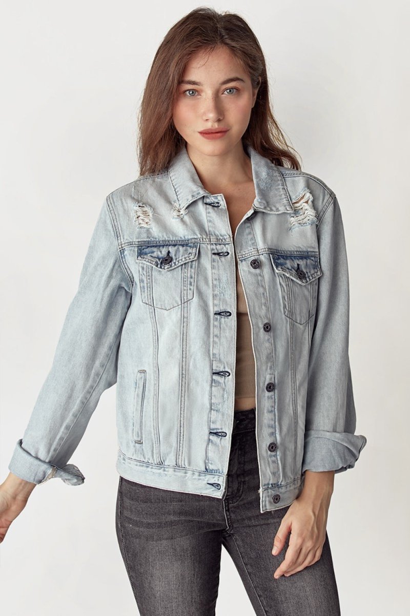 RISEN Distressed Button Up Jacket - Outerwear