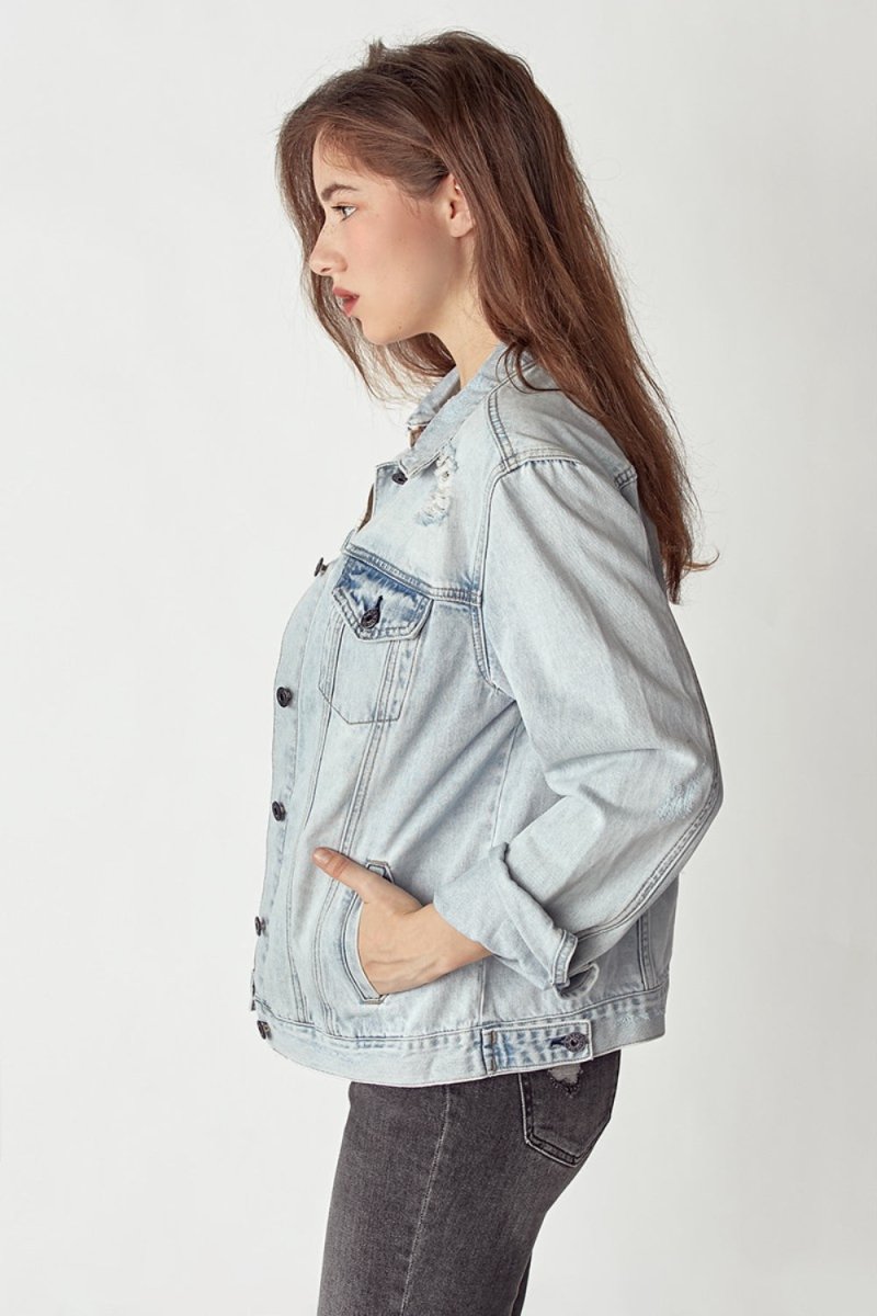 RISEN Distressed Button Up Jacket - Outerwear