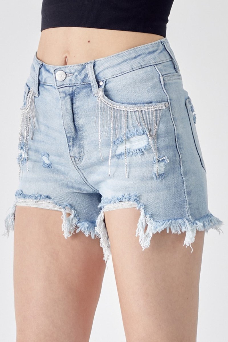 RISEN Frayed Hem Denim Shorts with Fringe Detail Pockets - Bottoms